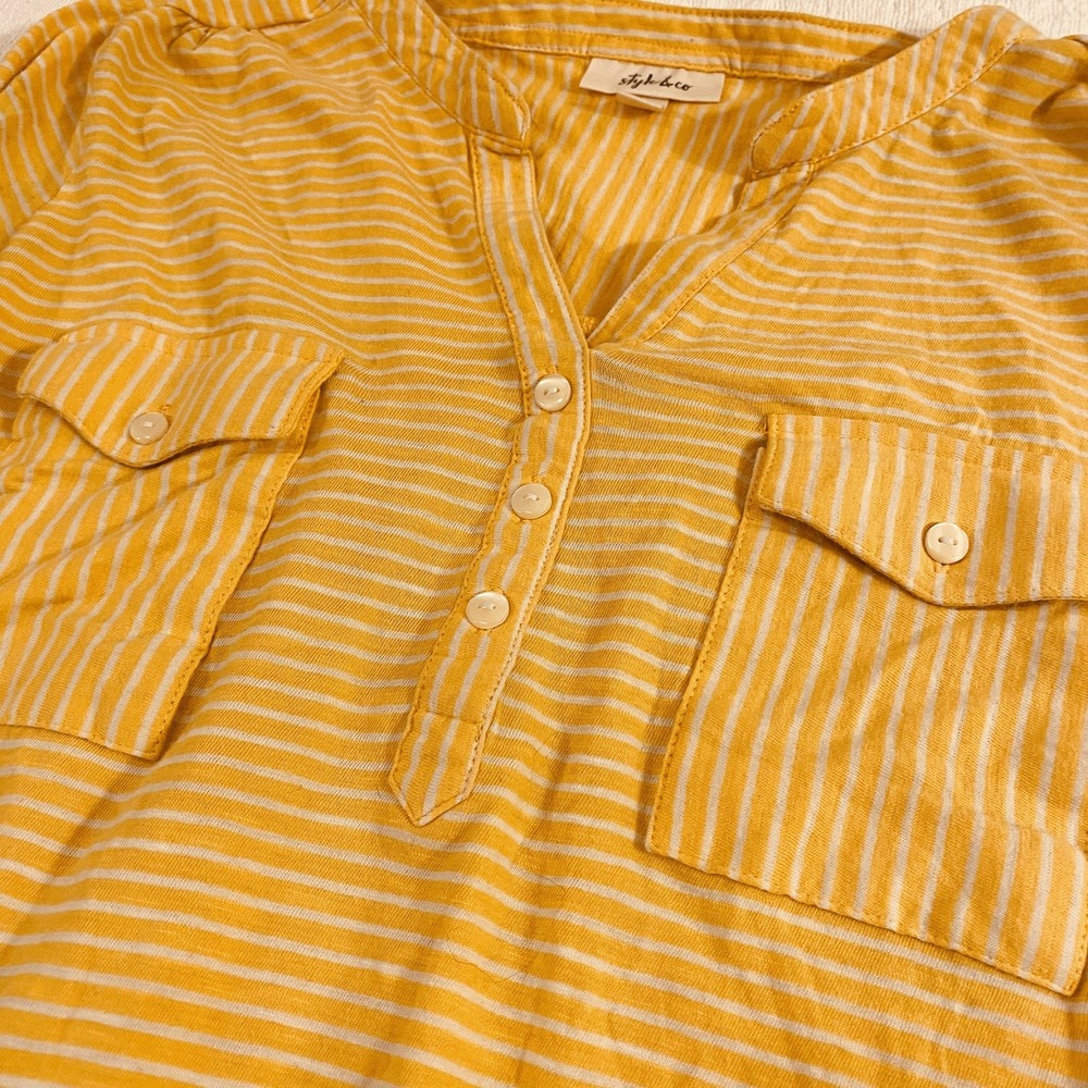 Style & Co. Ladies Sunflower Yellow Long Sleeve Striped Top. V Neck 3 Buttons - Picture 2 of 12
